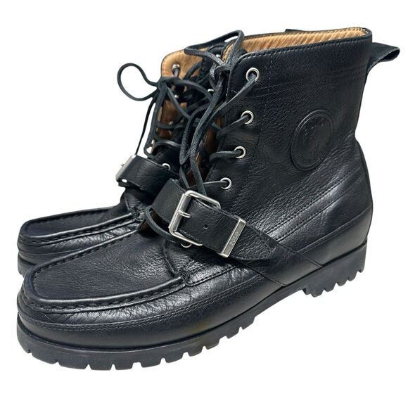 Polo Ralph Lauren Ranger Tumbled Black Leather Boot Mens Size 10 Lace Up Buckle